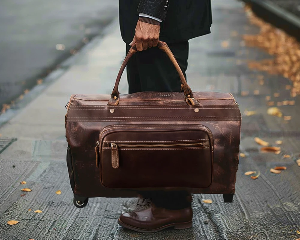 leather carry on bag wheels